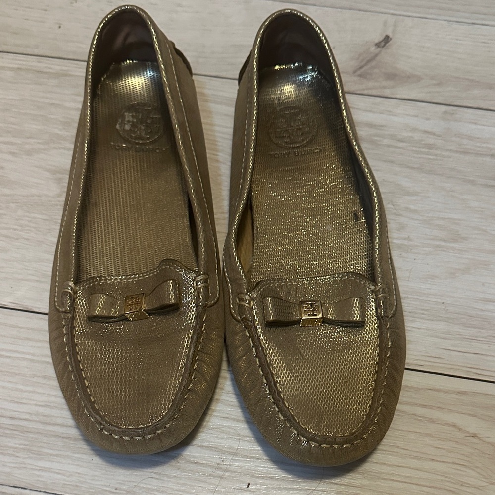 Tory Burch Shimmering Gold Moccasins